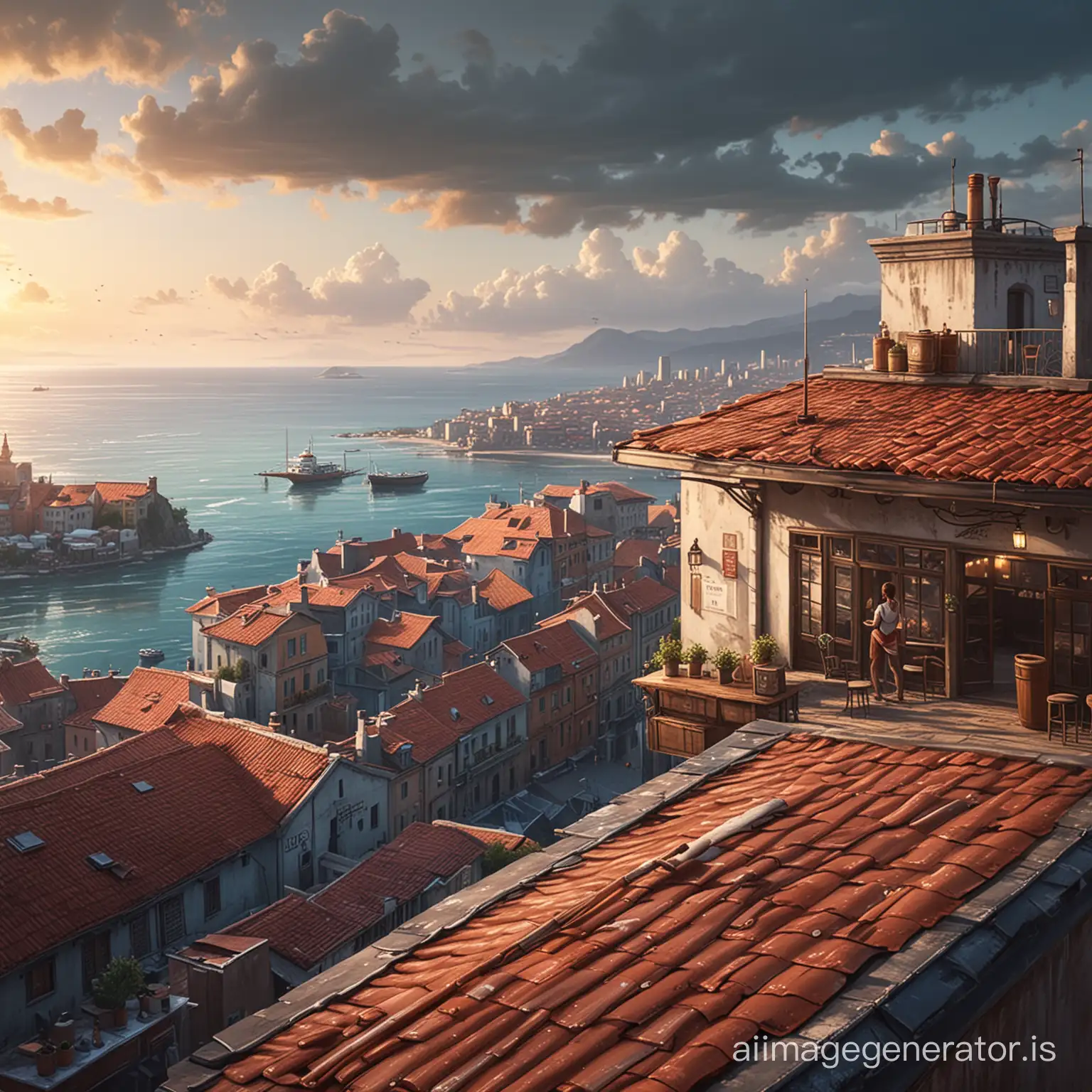 a high quality digital painting of a (roof top), (city view) with (sea) in the background, an (alone barmaid), morning light, digital art, cinematic, moody atmosphere, realistic, wide shot, detailed, concept art, 4k