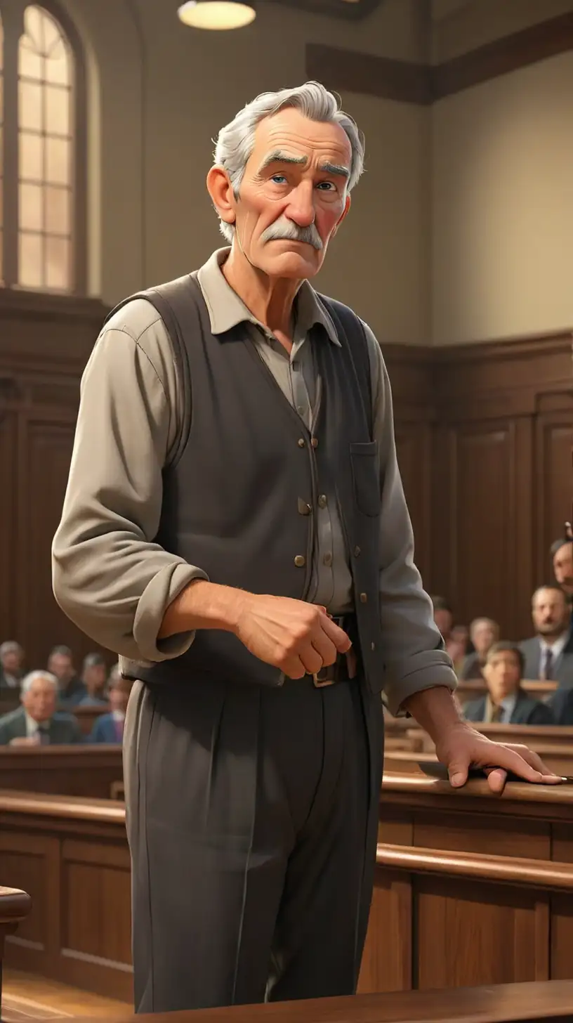 Create a 3D illustrator of an animated image shows a farmer in his 70s is standing in a court Visualize a courtroom scene with the judge presiding over the trial. Beautiful court background illustrations.
