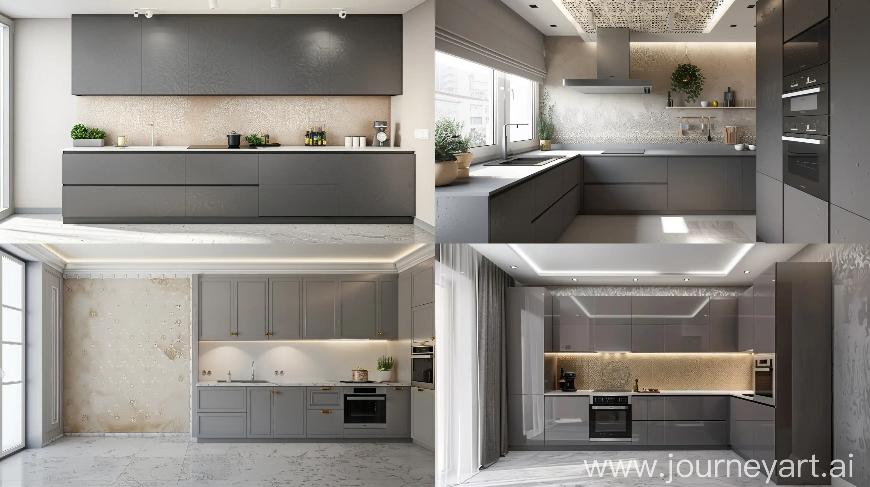maximally realistic kitchen design in grey colours, next to the wall with decorative plaster in beige tones with small mandala patterns, white stretch ceiling --ar 16:9 --v 6.0