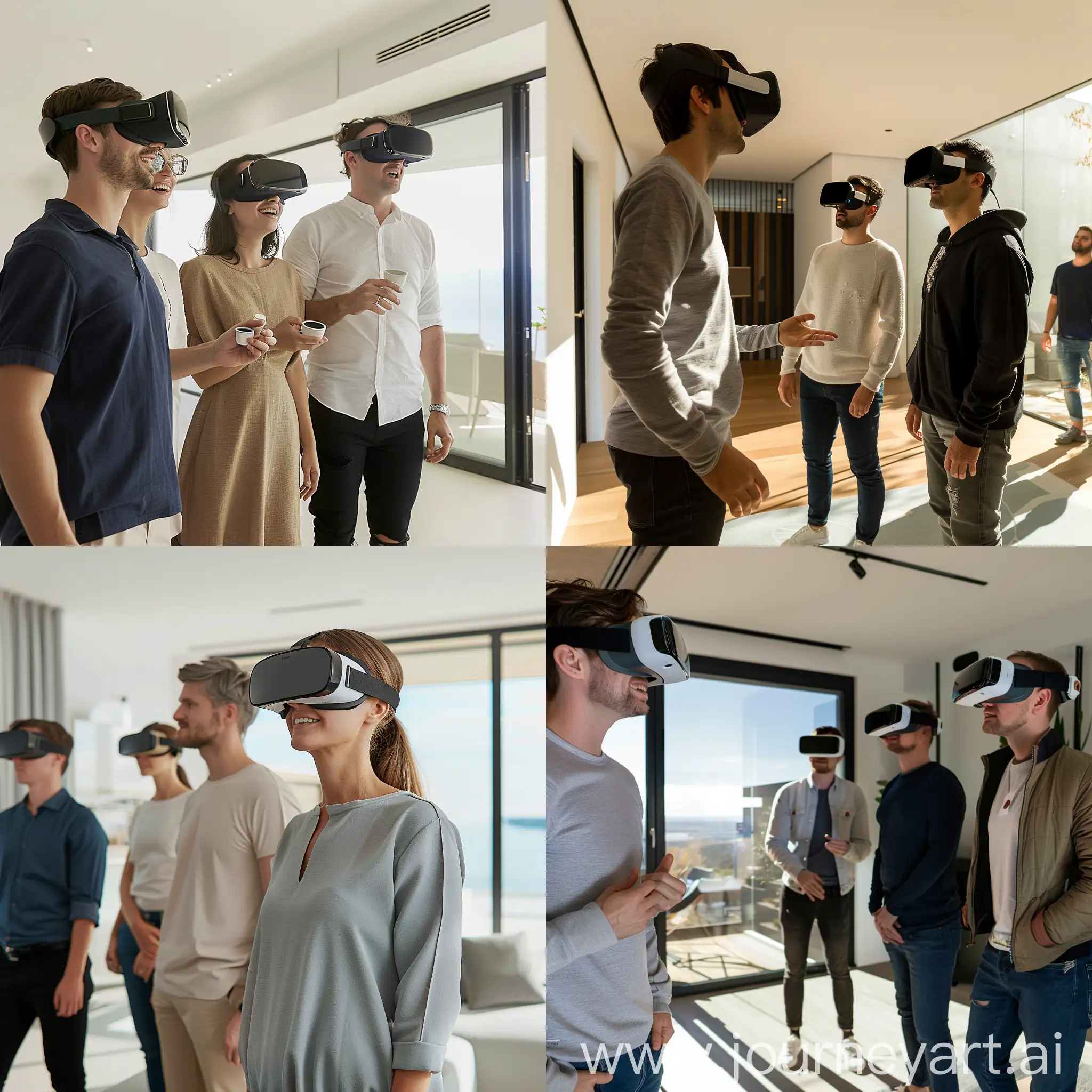 5 users on a Virtual reality real estate tour with a guide, photorealistic style