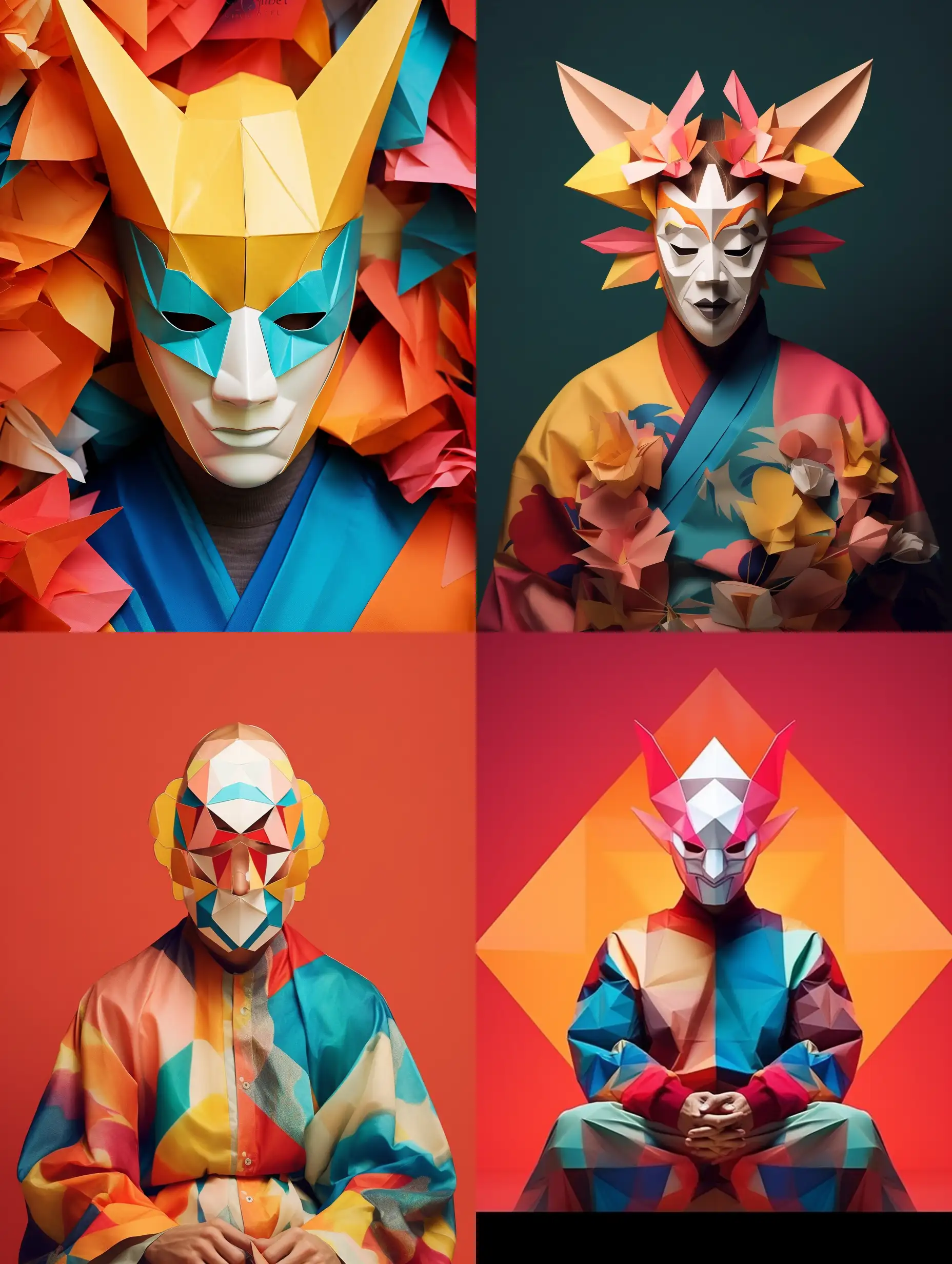 Colorful-Robed-Figure-with-Origami-Glass-Wooden-Mask-in-Minimalistic-Kodak-Realistic-Style