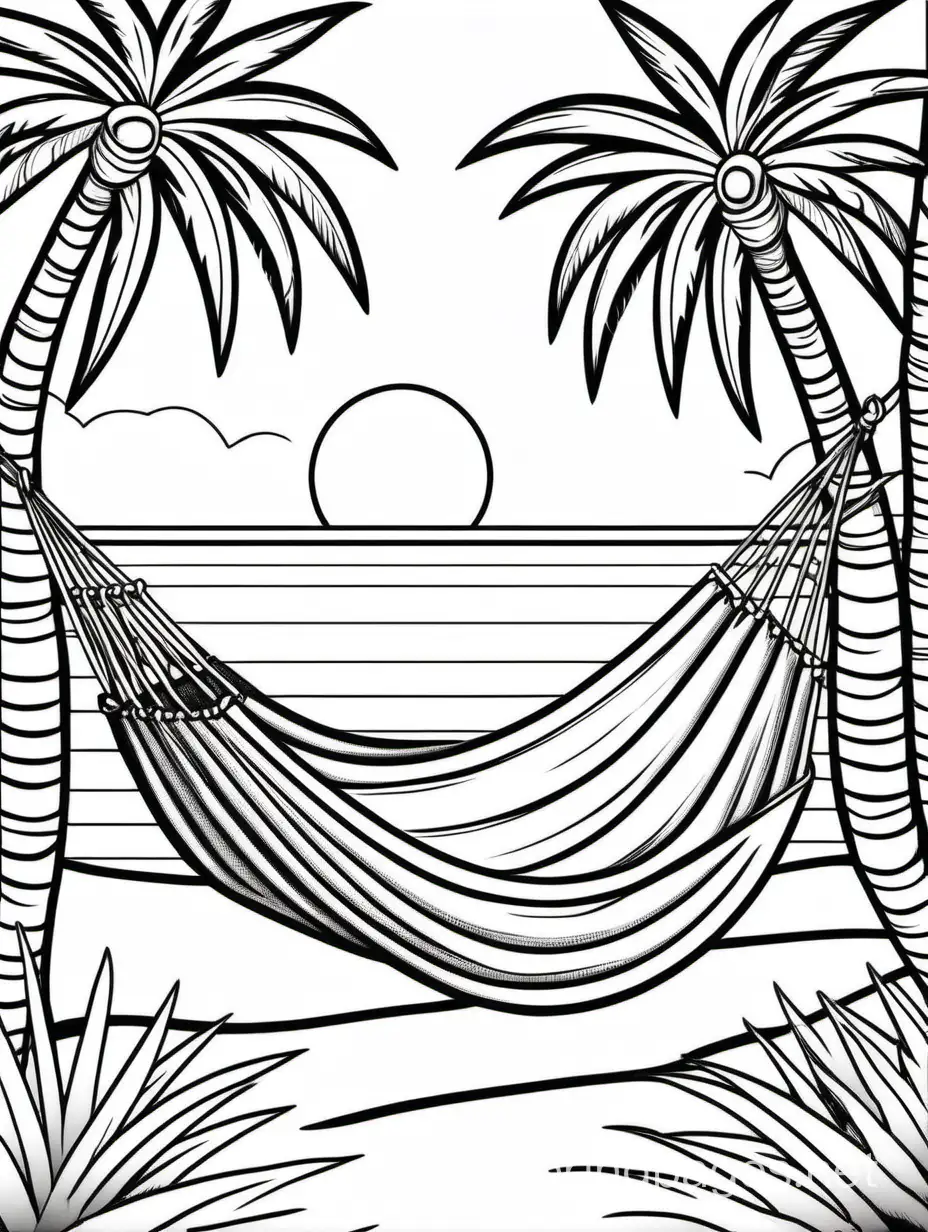 A coloring page of a relaxing view of a beach, a palm tree, and a hammock in tropical hues. , Coloring Page, black and white, line art, white background, Simplicity, Ample White Space. The background of the coloring page is plain white to make it easy for young children to color within the lines. The outlines of all the subjects are easy to distinguish, making it simple for kids to color without too much difficulty