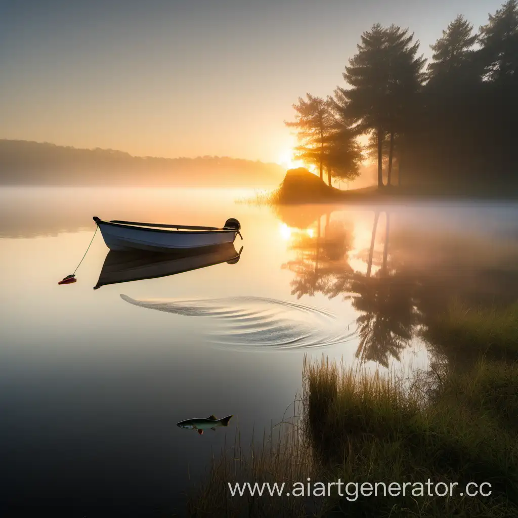 Tranquil-Sunrise-Lake-Scene-with-Boat-and-Jumping-Fish