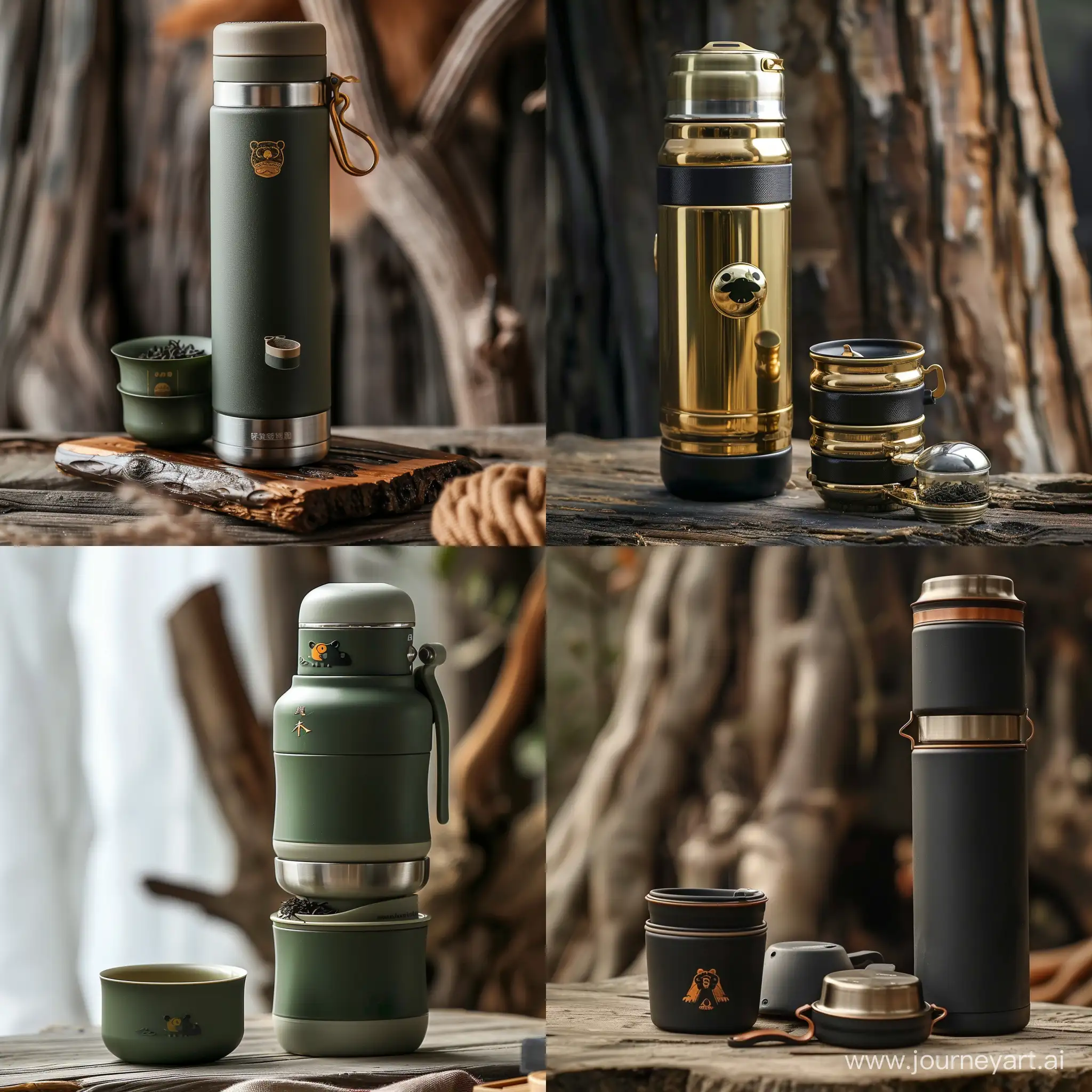 Dimensions is Height approximately 15cm, Diameter around 8cm, thermos bottle and tea cup material will made of Stainless steel and PP plastic lid, thermos bottle and cups should be stackable for storage, possibly from the bottom or top, Include a special compartment for storing tea leaves, Implement a camping-style folding handle design, Incorporate the theme of the Taiwanese black bear into the design, particularly on the cup lid