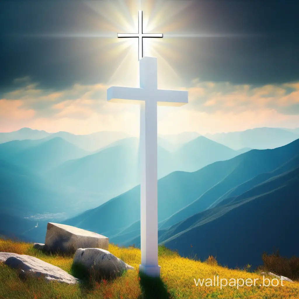 White Cross shining above the mountains during the day in vivid bright colors