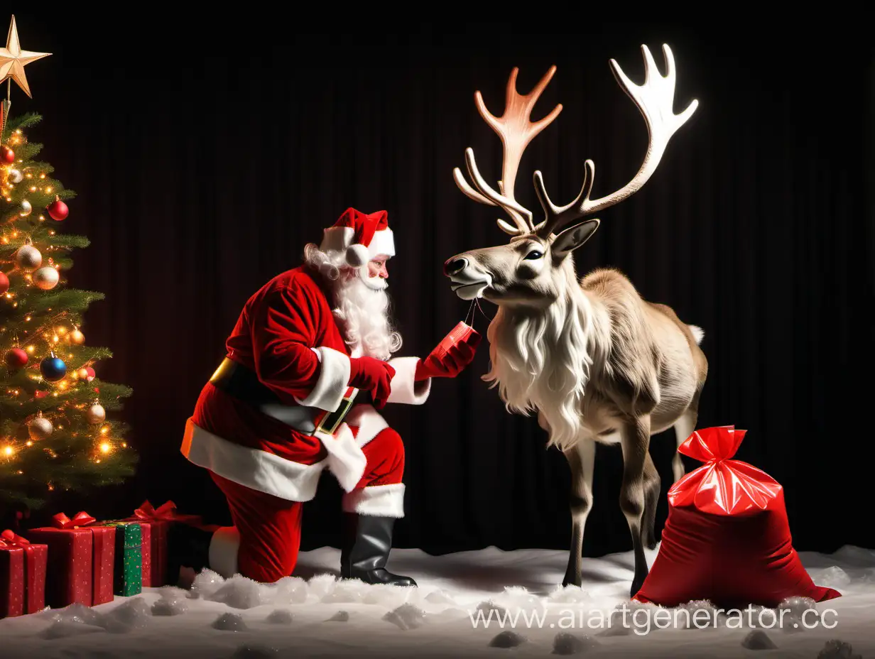 Санта клаус с достает из мешка подарки рядом с живыи оленем и светящейся елью