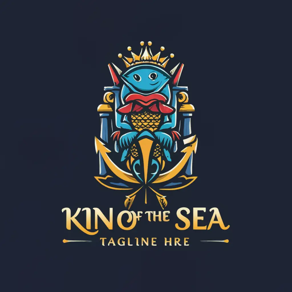 a logo design,with the text "King of the sea", main symbol:a fish sitting on a throne with anchor next to it,complex,be used in Restaurant industry,clear background