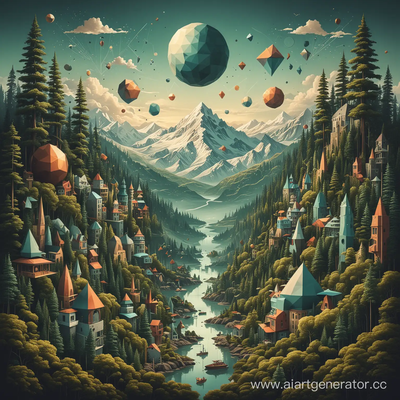 Surreal-Forestscape-with-Geometric-Mountains-and-Cityscape