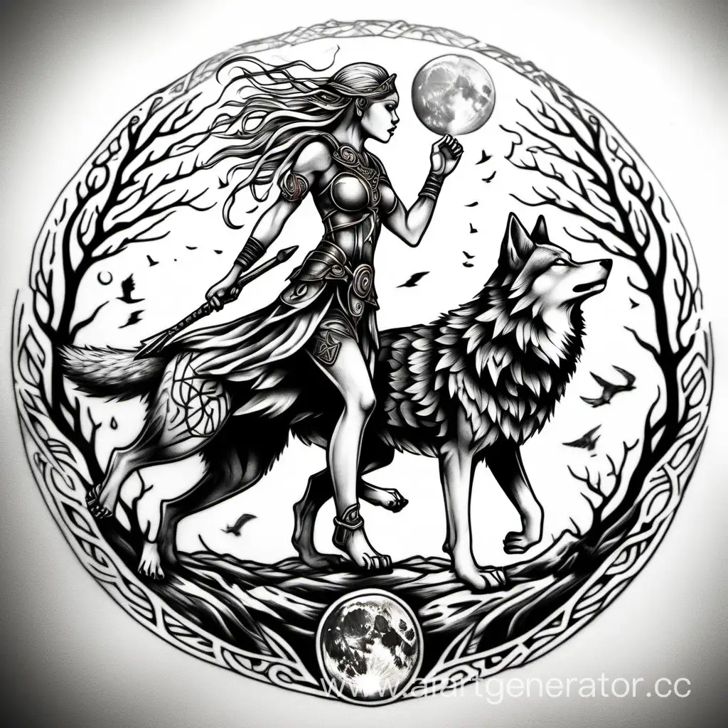 девушка валькирия, дизайн для татуировки, дерево иггдрасиль, два волка которые бегут вокруг, один бежит за луной, второй за солнцем, белый фон, изображение черное 