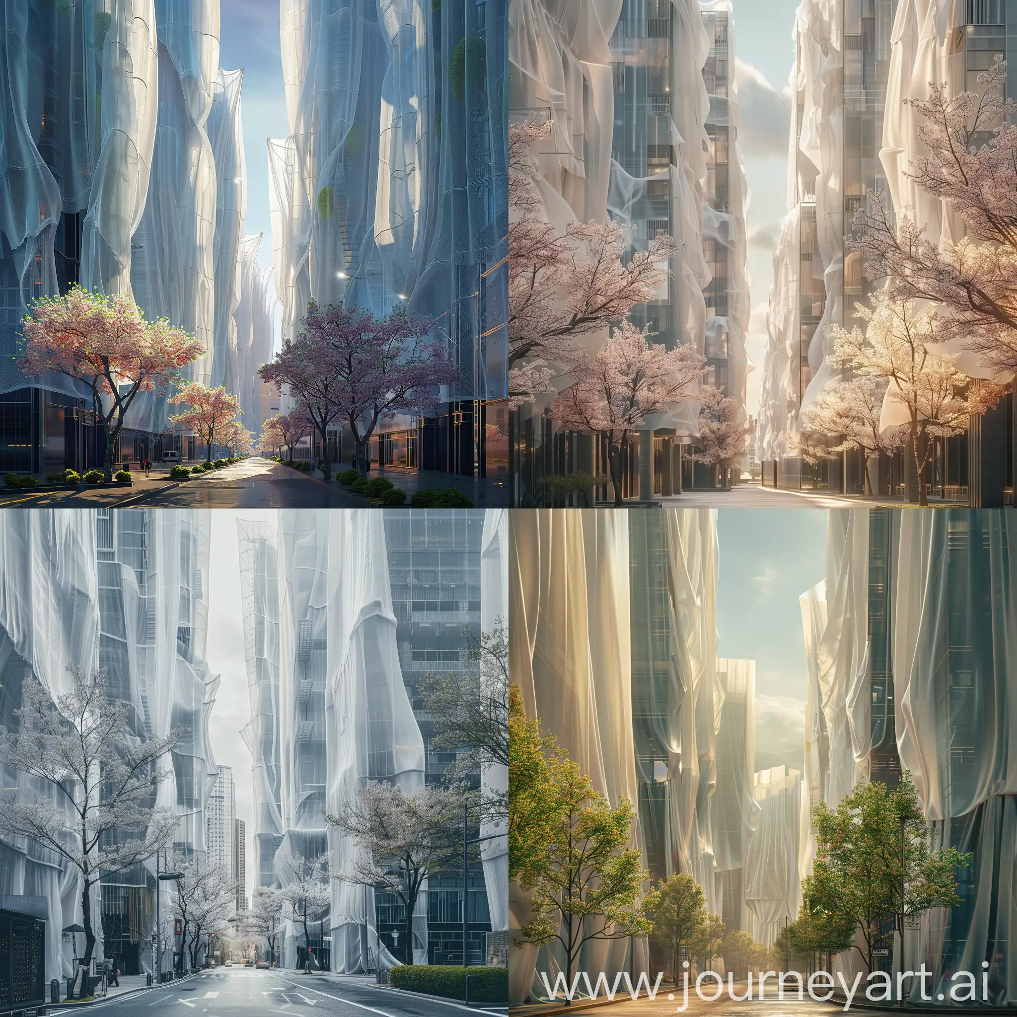 Photograph of a beautiful futuristic city of gigantic minimalist skyscrapers covered in translucent cloth, beautiful architecture, spring, street level