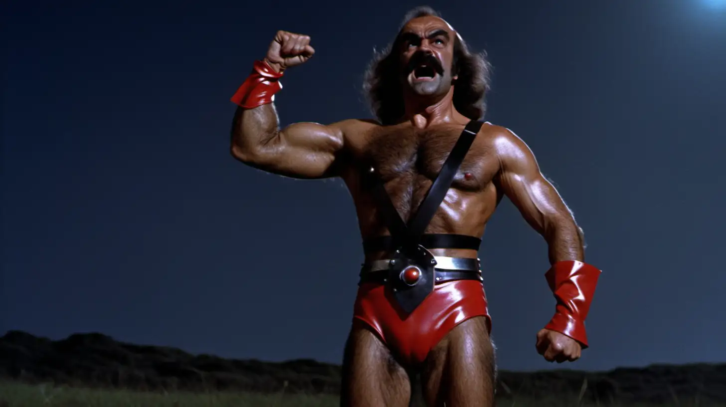 Zed from Zardoz flexing in the moonlight, full length