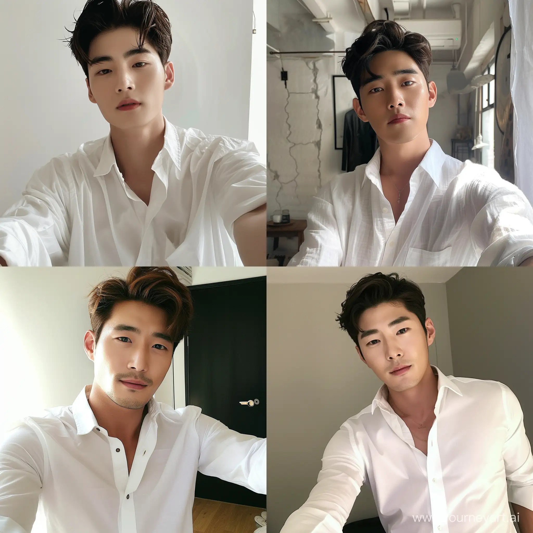 Handsome Korean guy, taking a selfie, in a white shirt.