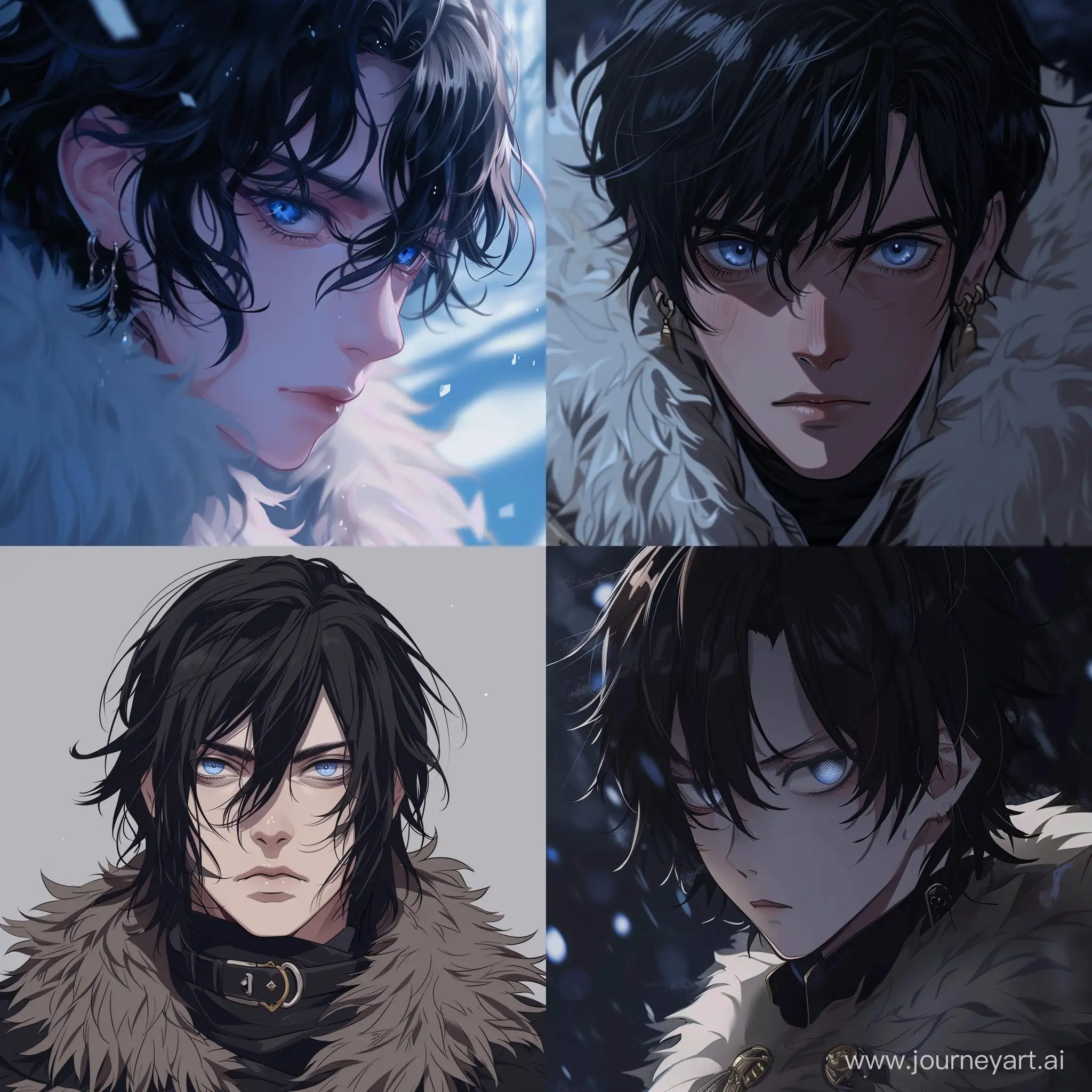 Cold blooded young duke of the North with black hair and cold dark blue eyes in anime style