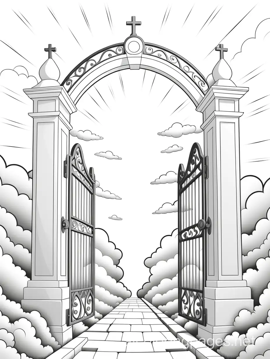 heaven's gates, Coloring Page, black and white, line art, white background, Simplicity, Ample White Space. The background of the coloring page is plain white to make it easy for young children to color within the lines. The outlines of all the subjects are easy to distinguish, making it simple for kids to color without too much difficulty