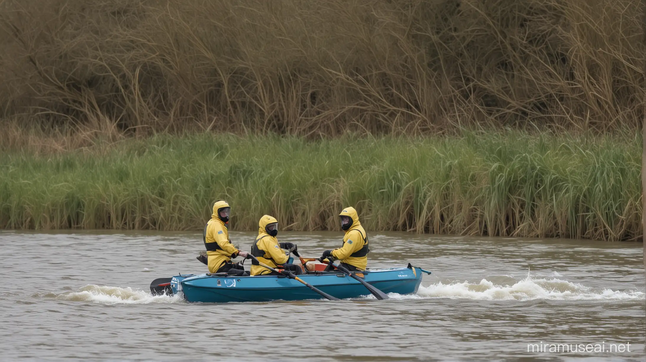 imagine the oxford vs cambridge boat race  crewed by rowers in two differently coloured hazmat suits the water surface is choppy and polluted and there are spectators lining the banks of the river