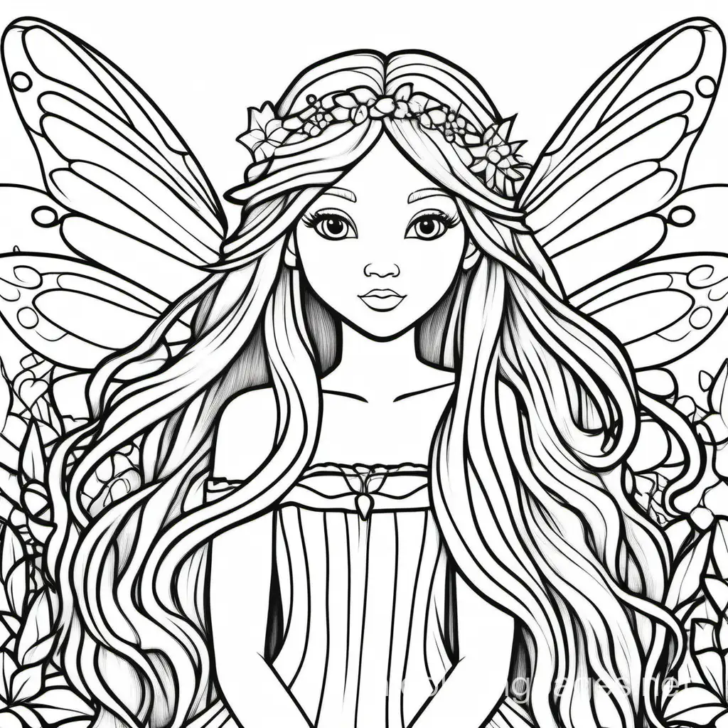 fairy with long hair , Coloring Page, black and white, line art, white background, Simplicity, Ample White Space. The background of the coloring page is plain white to make it easy for young children to color within the lines. The outlines of all the subjects are easy to distinguish, making it simple for kids to color without too much difficulty