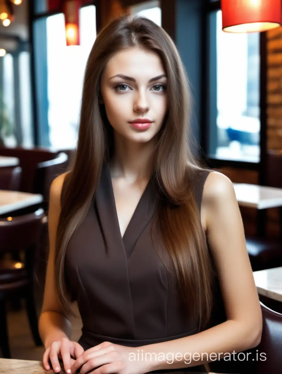 European girl of model appearance, with long brown hair, 25 years old, in a business dress. in a restaurant