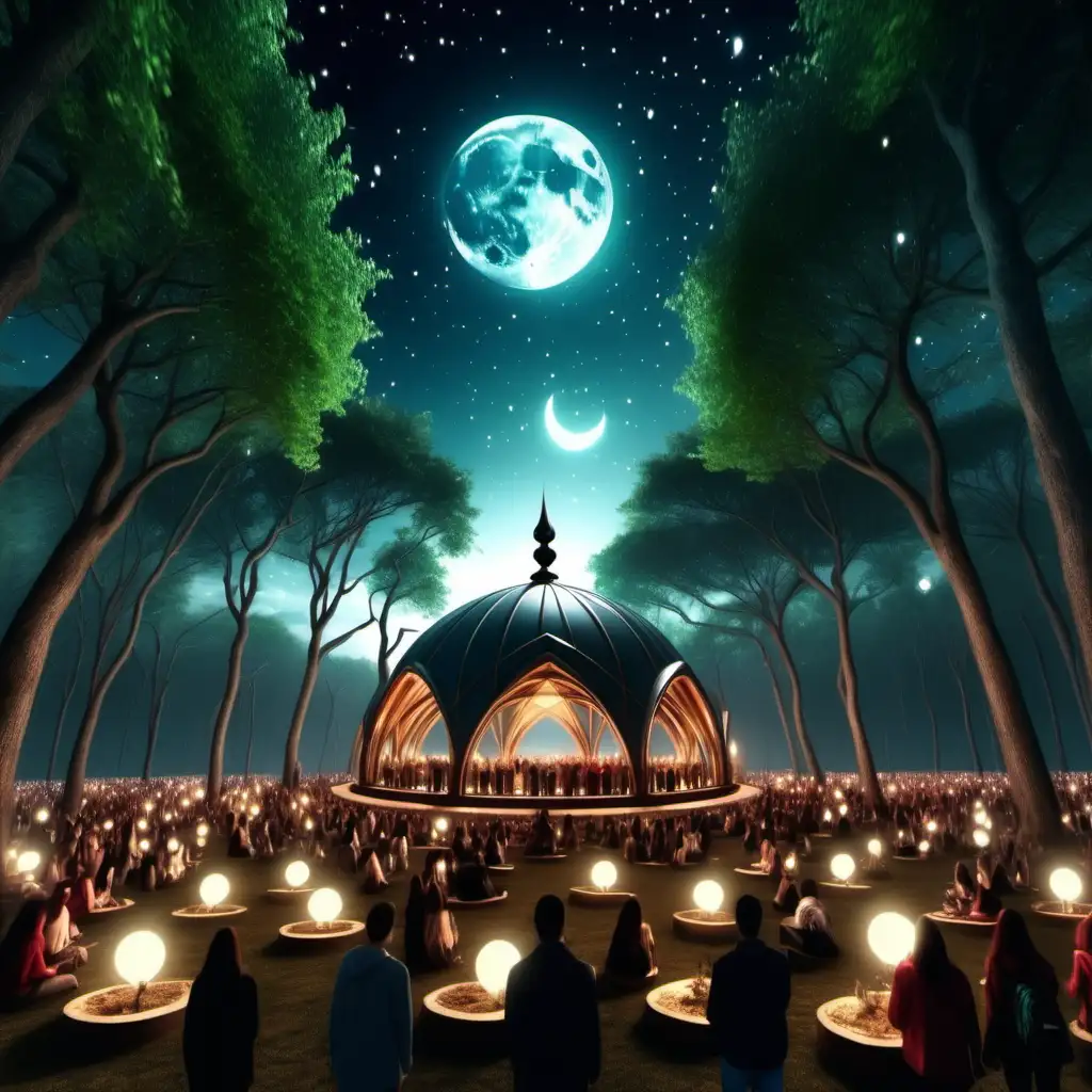Create spiritual one dome with and magic forest and beautiful sky with moon ,with many people scattered with lamps, different colors 1080p resolution, ultra 4K, high quality