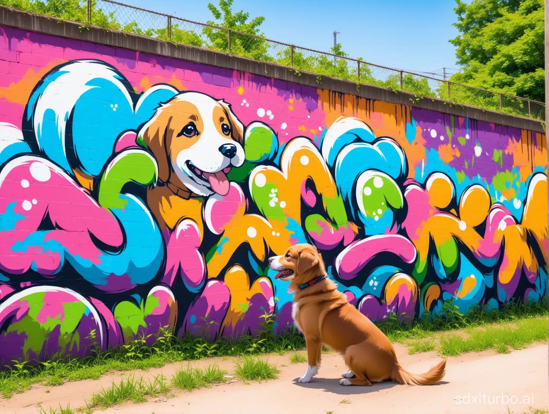 a proffesional colorful graffiti with nature and dogs happily playing with nature in the background 