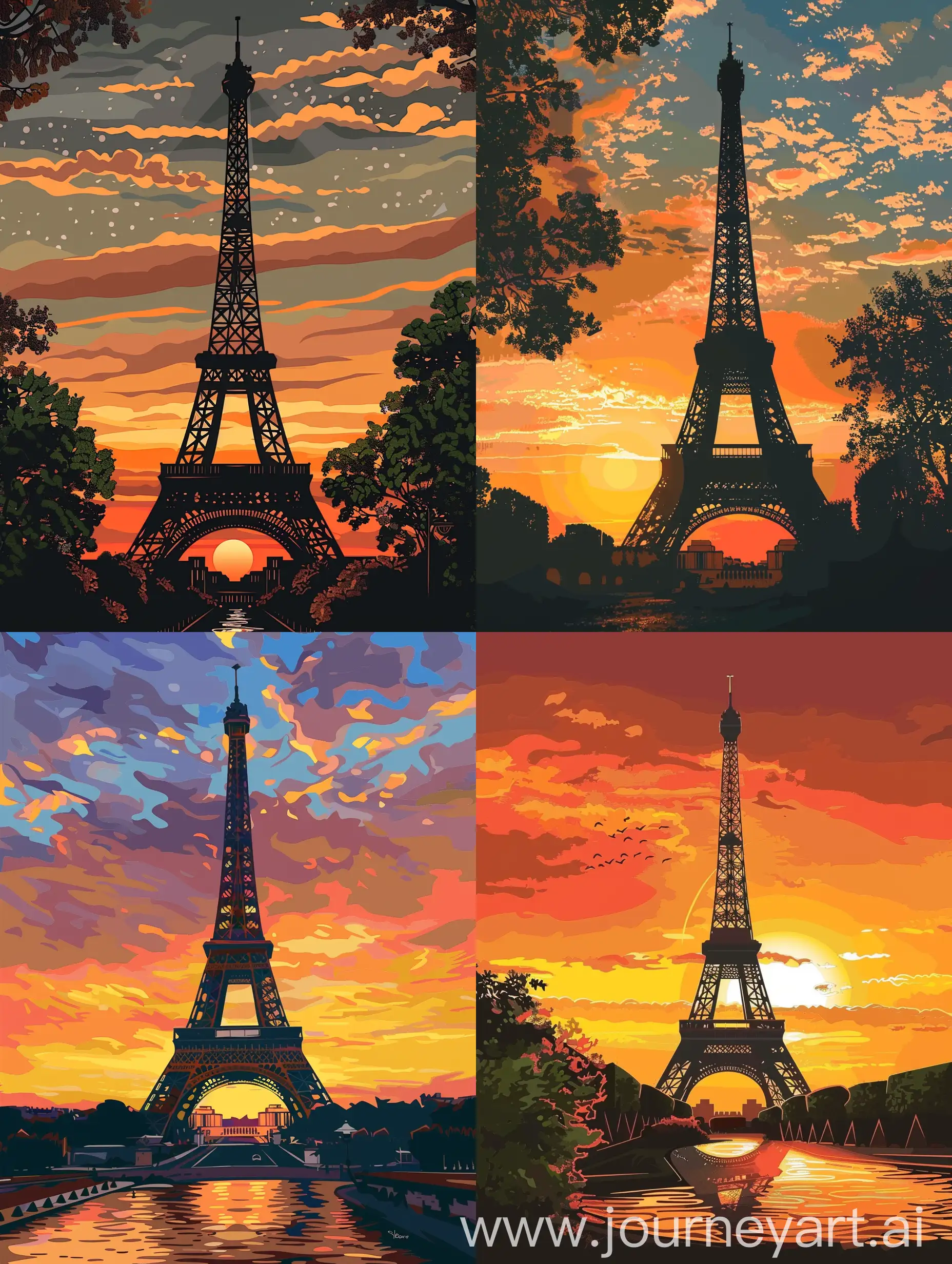 Eiffel Tower, Paris, sunset, vector style, high quality print, a3 ratio