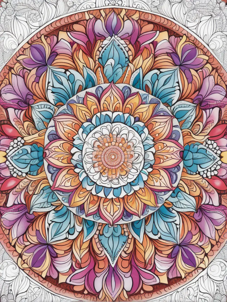 cover ; adult coloring revue, mandala, almost entirely colored



