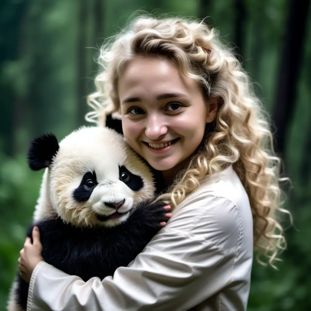 a 35-year-old girl with curly blond hair got a job as a panda bearer and is very happy about it. this girl is Ukrainian, but now she is huging a baby panda and realizes that her cherished dream has come true. 