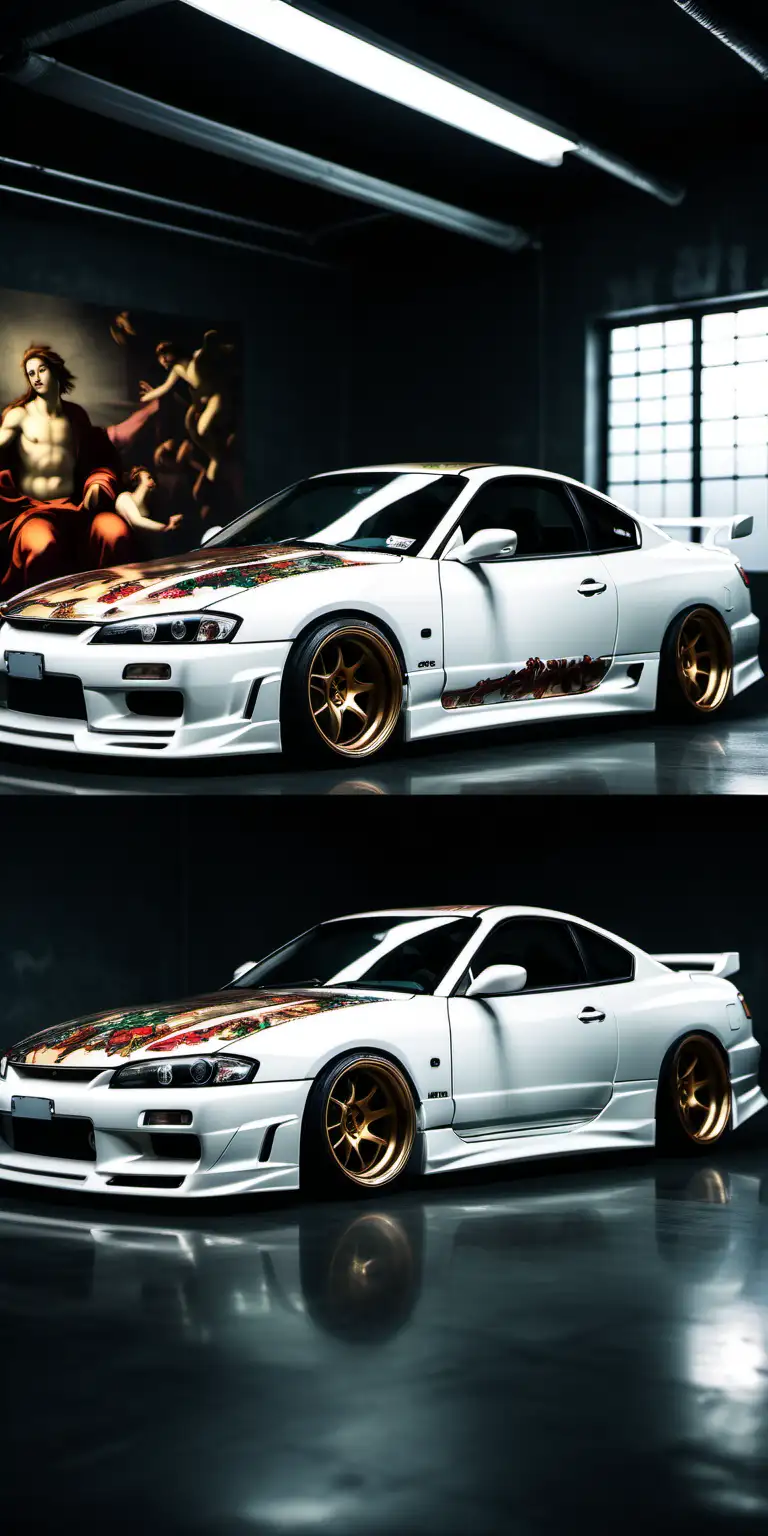 A CINEMATIC AND PROFESSIONAL IMAGE IN PHOTO STUDIO OF NISSAN SILVIA S15, STANCE, BODYKIT, JAPAN TUNING WHEELS, WRAP LIKE MICHELANGELO Sistine Chapel ceiling