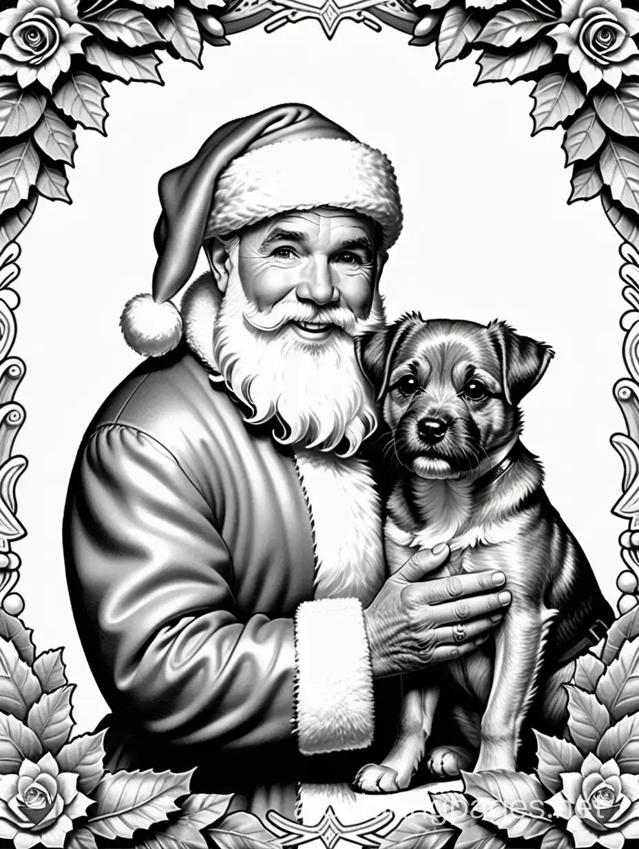 Santa Claus is holding a Border Terrier dog. fantasy   beautiful    very cute  Thomas Kinkade background, black and white line drawing, Coloring Page, black and white, line art, white background, Simplicity, Ample White Space. The background of the coloring page is plain white to make it easy for young children to color within the lines. The outlines of all the subjects are easy to distinguish, making it simple for kids to color without too much difficulty