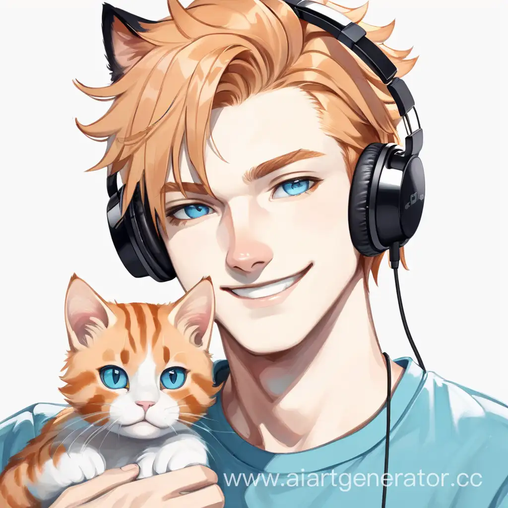 Smiling-Guy-with-Blue-Eyes-and-Ginger-Cat-Wearing-Black-Headphones