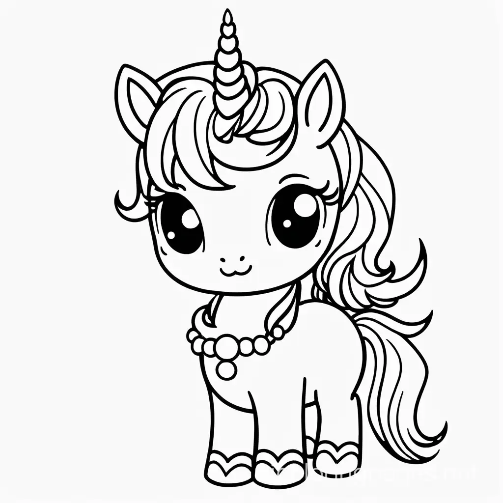 Full body baby pearl princess unicorn , Coloring Page, black and white, line art, white background, Simplicity, Ample White Space. The background of the coloring page is plain white to make it easy for young children to color within the lines. The outlines of all the subjects are easy to distinguish, making it simple for kids to color without too much difficulty