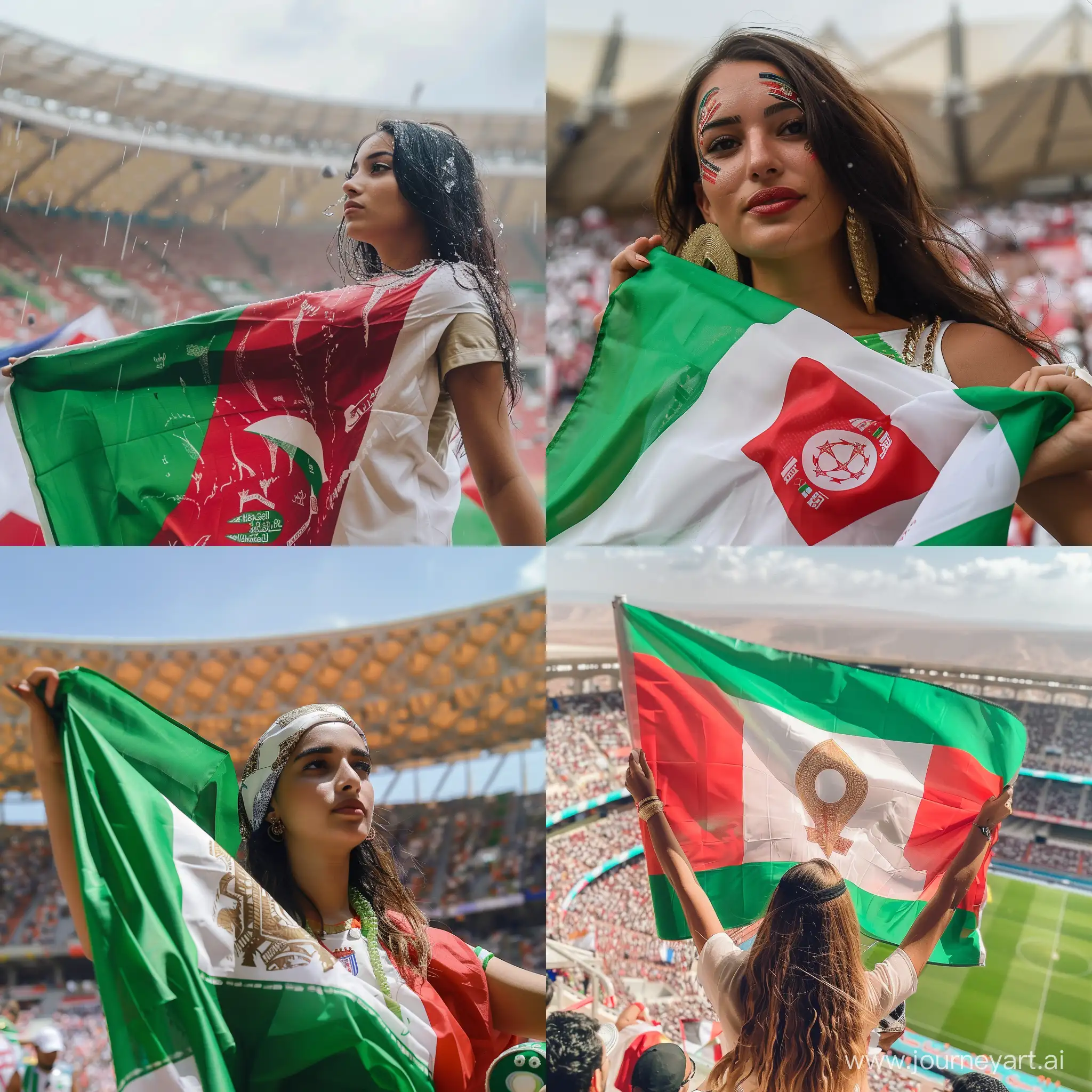 a woman holding a algerian flag in a stadium, nasreddine dinet, riyahd cassiem, zido, imane anys, at the world cup, zaha hadi, saadane afif, saâdane afif, cold as ice! 🧊, threyda, djelleba, japandi, scoia'tael)