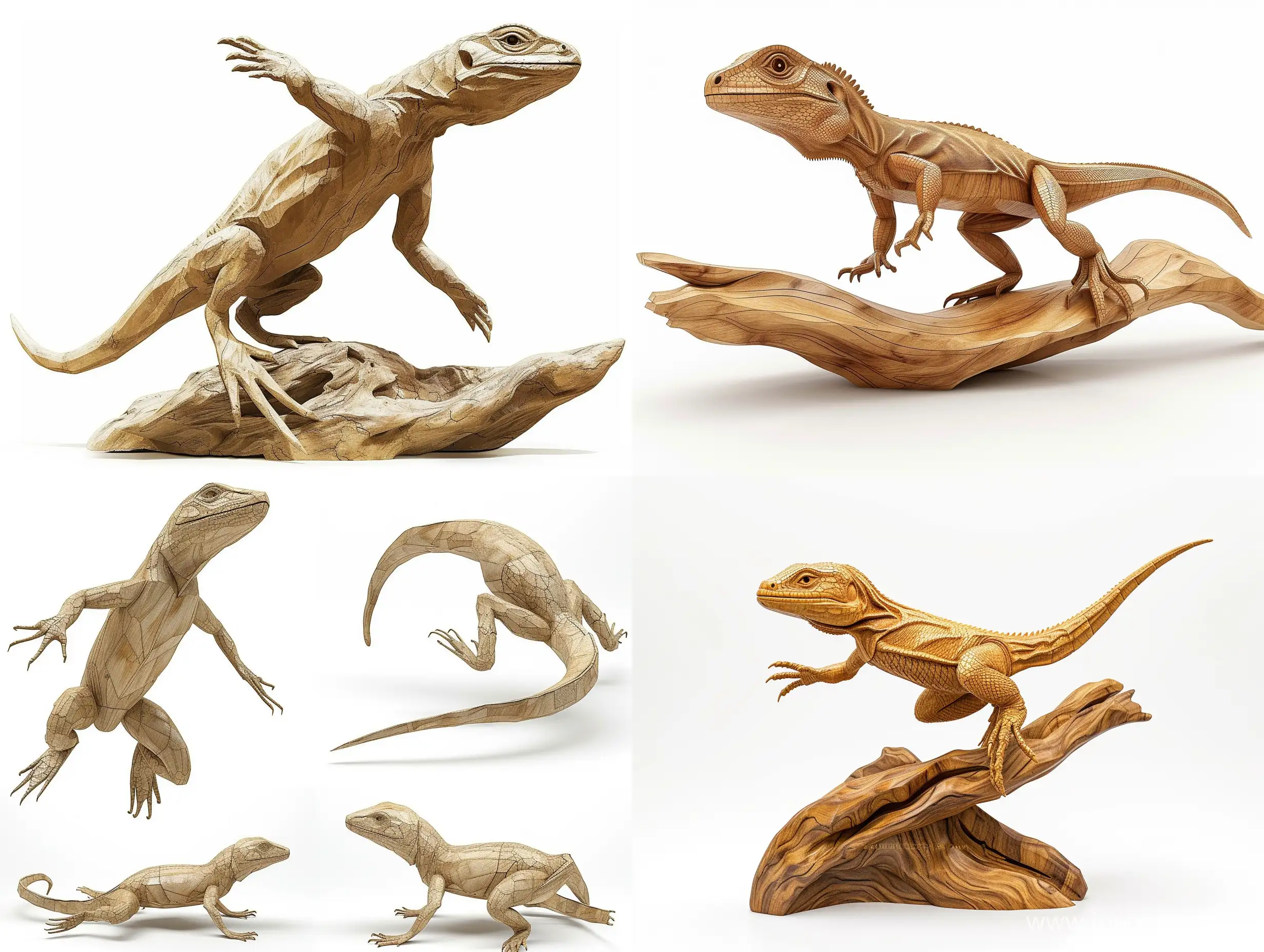Professional sketch for wooden sculpture, a full-length Lizard jumping full-face and in profile, professional dynamic character, front back view and side view, wood carving, white background, 8k Render, ultra realistic