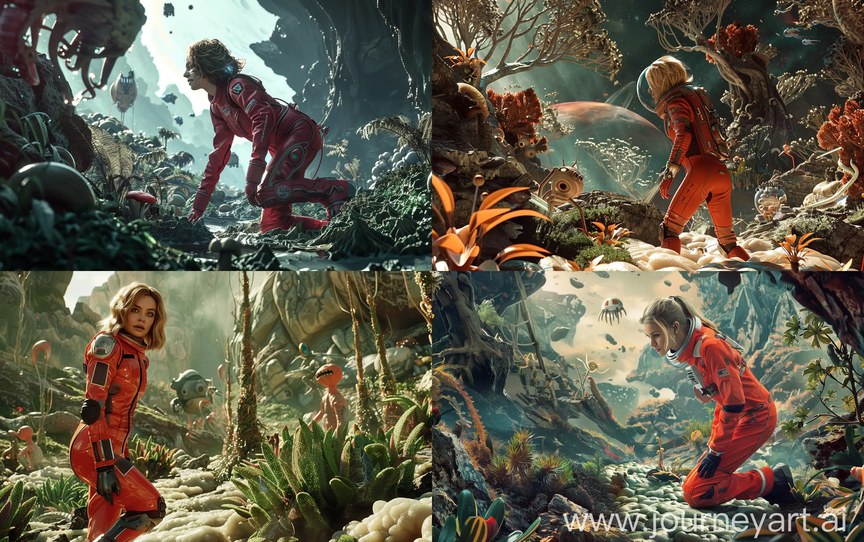 A fair hair attractive female in a futuristic red spacesuit is exploring and researching a mystierious planet in a fantastic methane-based forest and rocks with strange sci-fi plants and trees, fantastic friendly life forms at the distance, she stands on one knee, super realistic, cinematic --ar 16:10