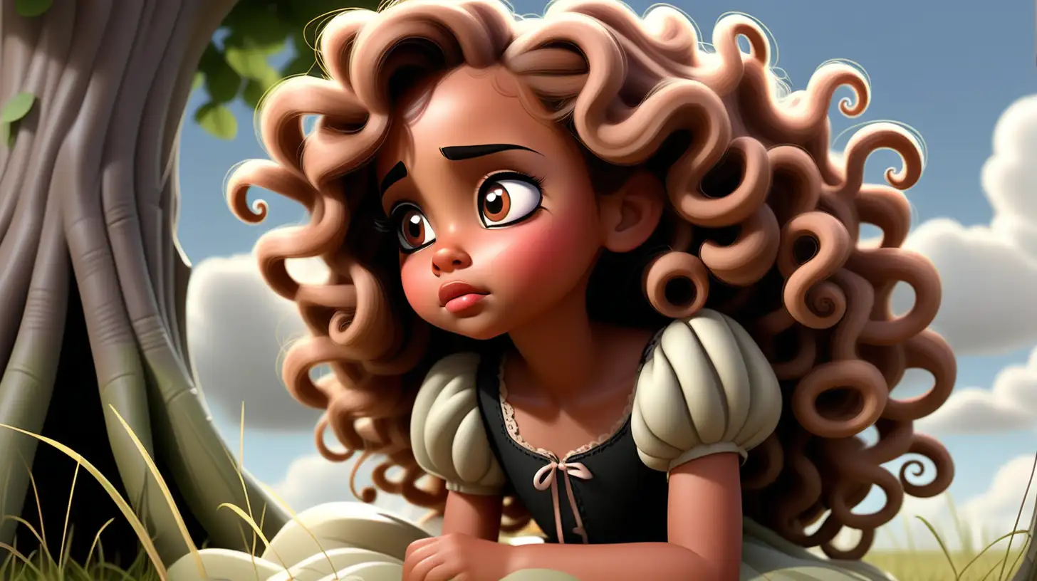 A beautiful 7 year old girl, cute, light brown skin, big hazel eyes long black eyelashes, blush,beautiful lips, round face,sitting under a tree, watching tall grass swaying, extremely long brown detailed curly hair, dress, disney style, cartoon character, pensive, sun light shining on her face, sky, clouds, frown, sad