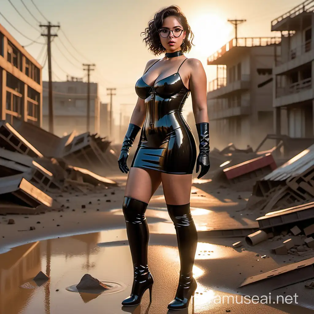 Exotic Woman in Latex Corset Strides Through Nuclear Wasteland