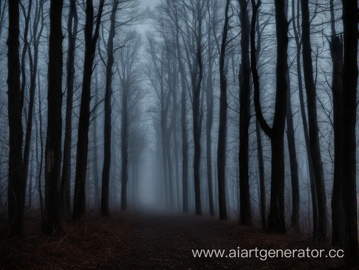 Старый лес, тропинка в даль, туман, темное время суток