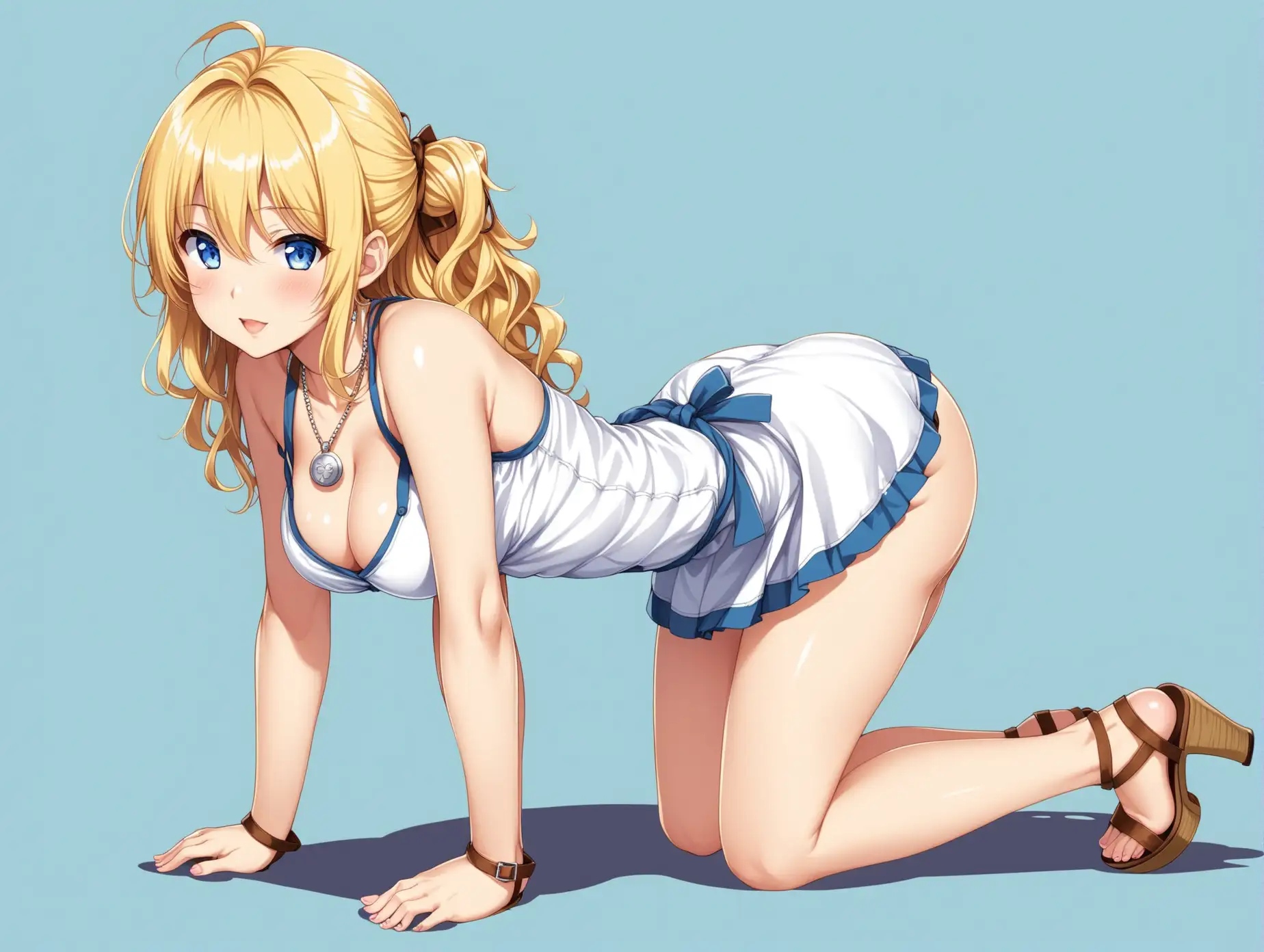 Full body image of a sensual anime girl, farmer outfit, on fours position, lifted rear, showing buttocks, age 20, short height, breasts size DDD, large hips, wavy hair, blonde, mid length hair, tied hair, blue eyes, short dress, high heels wedges sandals, necklace