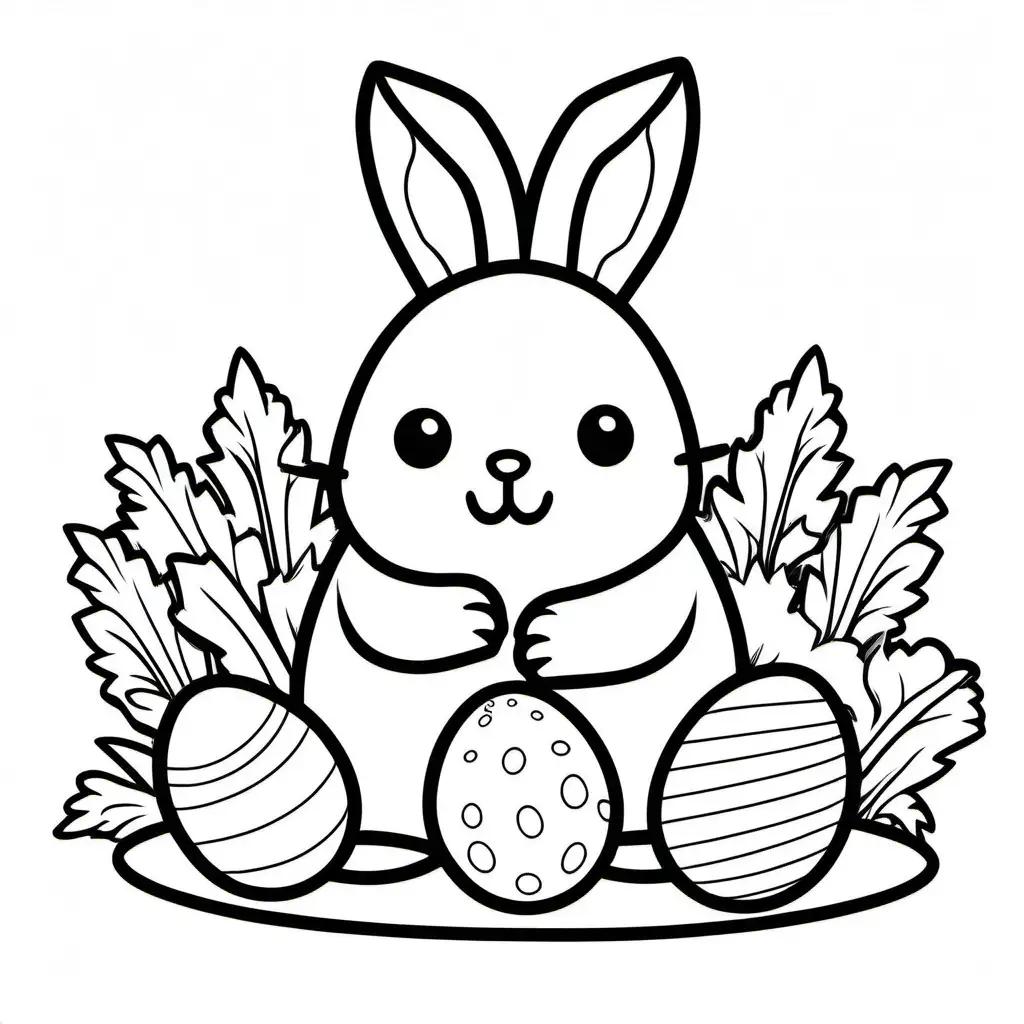 rabbit eating carrot shaped egg
, Coloring Page, black and white, line art, white background, Simplicity, Ample White Space. The background of the coloring page is plain white to make it easy for young children to color within the lines. The outlines of all the subjects are easy to distinguish, making it simple for kids to color without too much difficulty