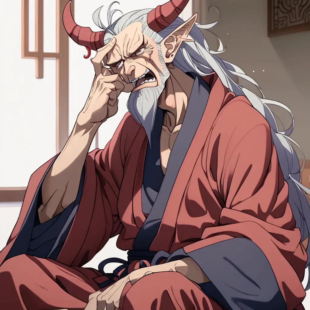 anime demon man, fatherly, tall, tired expression, bored, yawning, full body, wearing robes, aged, low energy, resting chin on hand