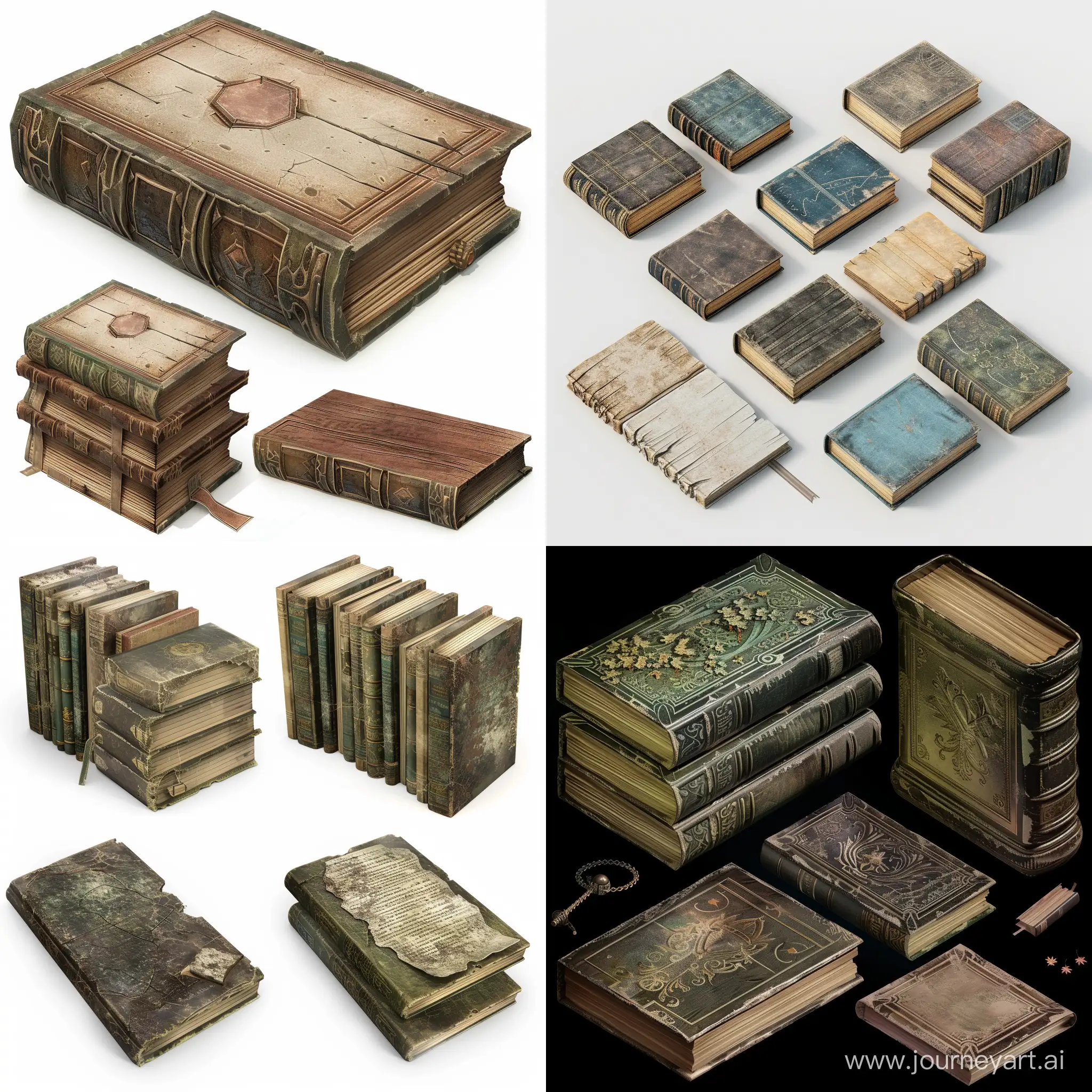 isometric very realistic detailed worn book set, 3d render, no labels, no patterns