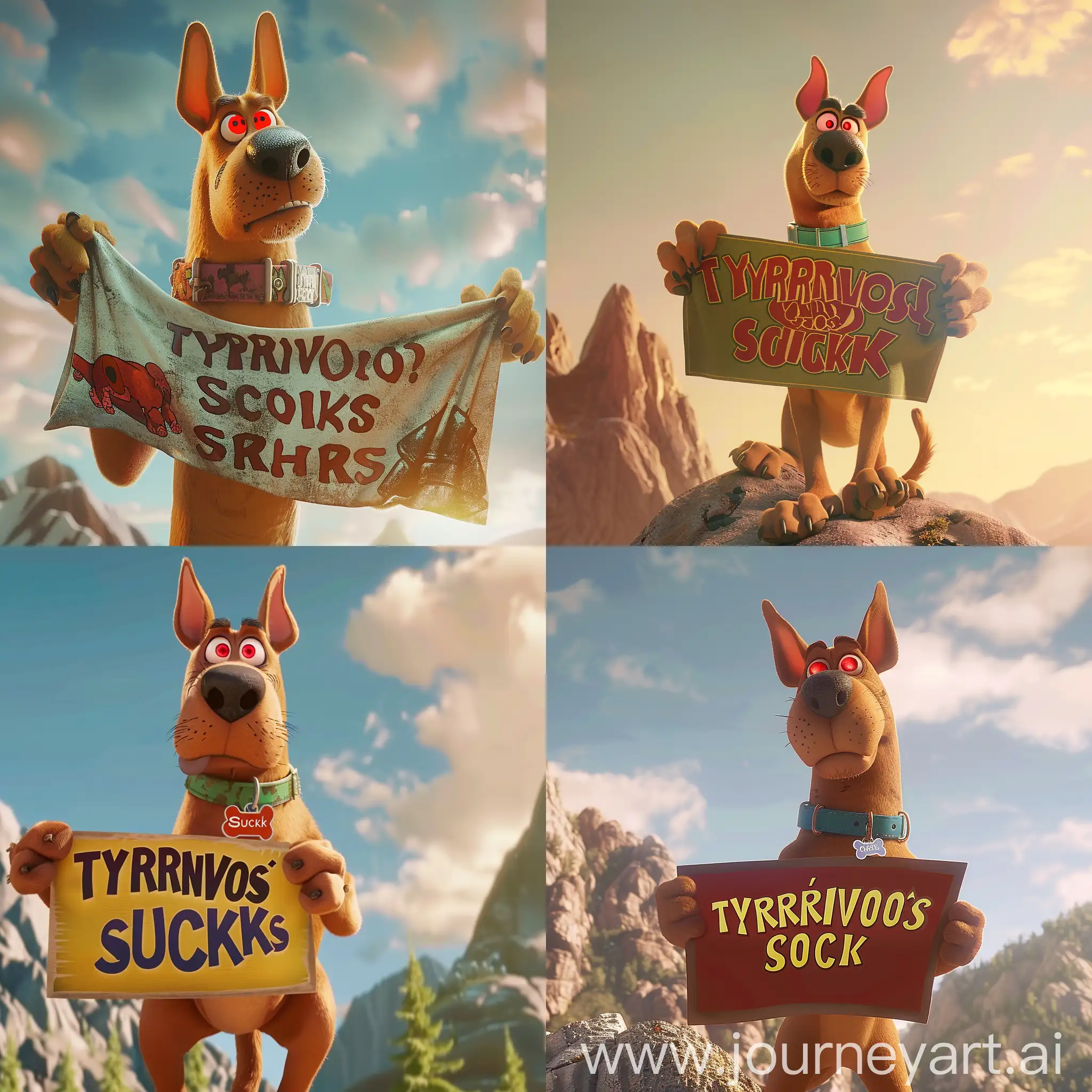 Animated-Dog-with-Red-Eyes-Stands-on-Mountain-Top-Holding-TYRNAVOS-SUCKS-Sign