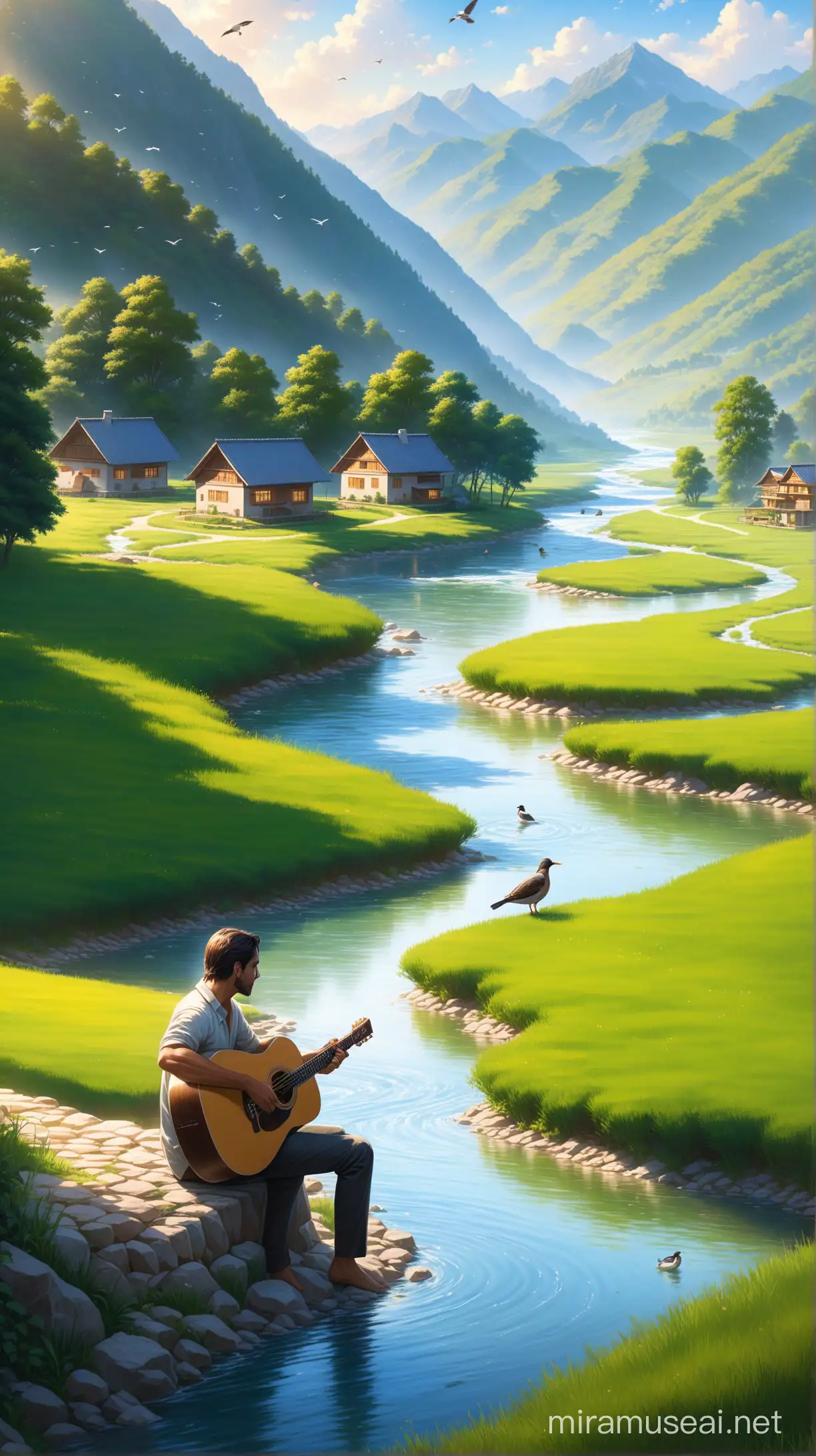 A  man, is sitting playing acoustic guitar in front of his very elegant house and beside him there is a river flowing swiftly and clearly until fish can be seen inside the water, the atmosphere of mountainous nature, fields, clear rivers until water is visible from inside the fish in the water, and birds are drinking water from the river, super realistic, super HD, high resolution, balanced lighting
