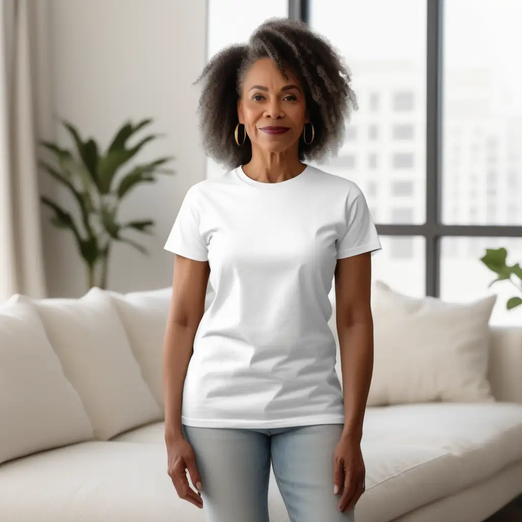 mock-up photo, with an older black woman
wearing a plain white blank,Bella Canvas 3001 tshirt ,t-shirt frontage for showcasing designs,well-lit indoor room settings that are minimally furnished.