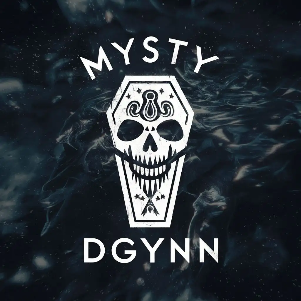 logo, coffin skull, with the text "Mysty Dgynn", typography