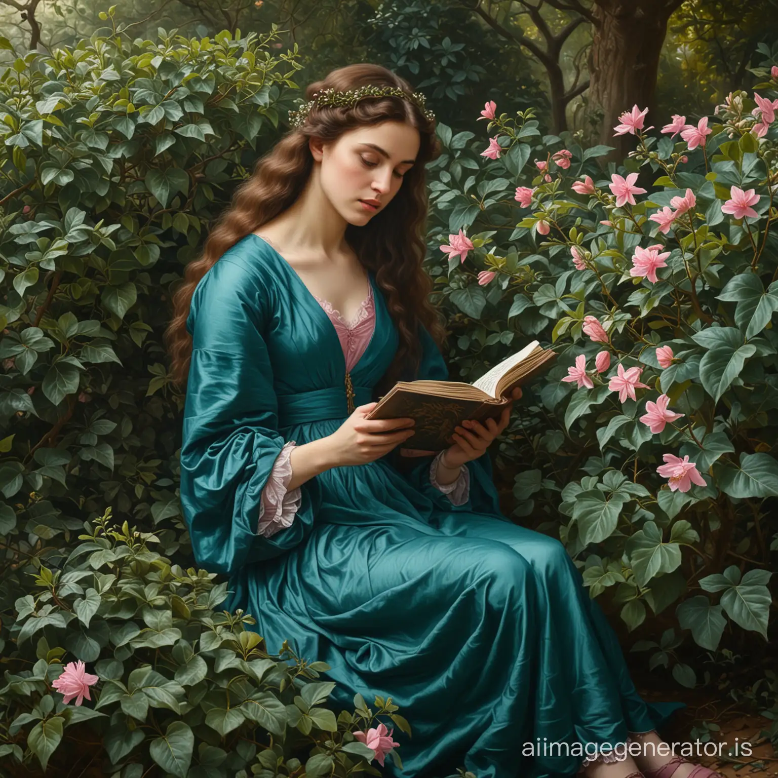 A masterpiece, Pre-Raphaelite painting, a young woman with dark hair sits in the hedera bushes, in full height, diagonal angle, dark turquoise dress, open book, a partially bloomed pink flower in hand, through the branches of plants we see an exit from the bushes, sunlight breaking through from there, botanical hyperrealism, the style of the artist Dante Gabriel Rossetti.