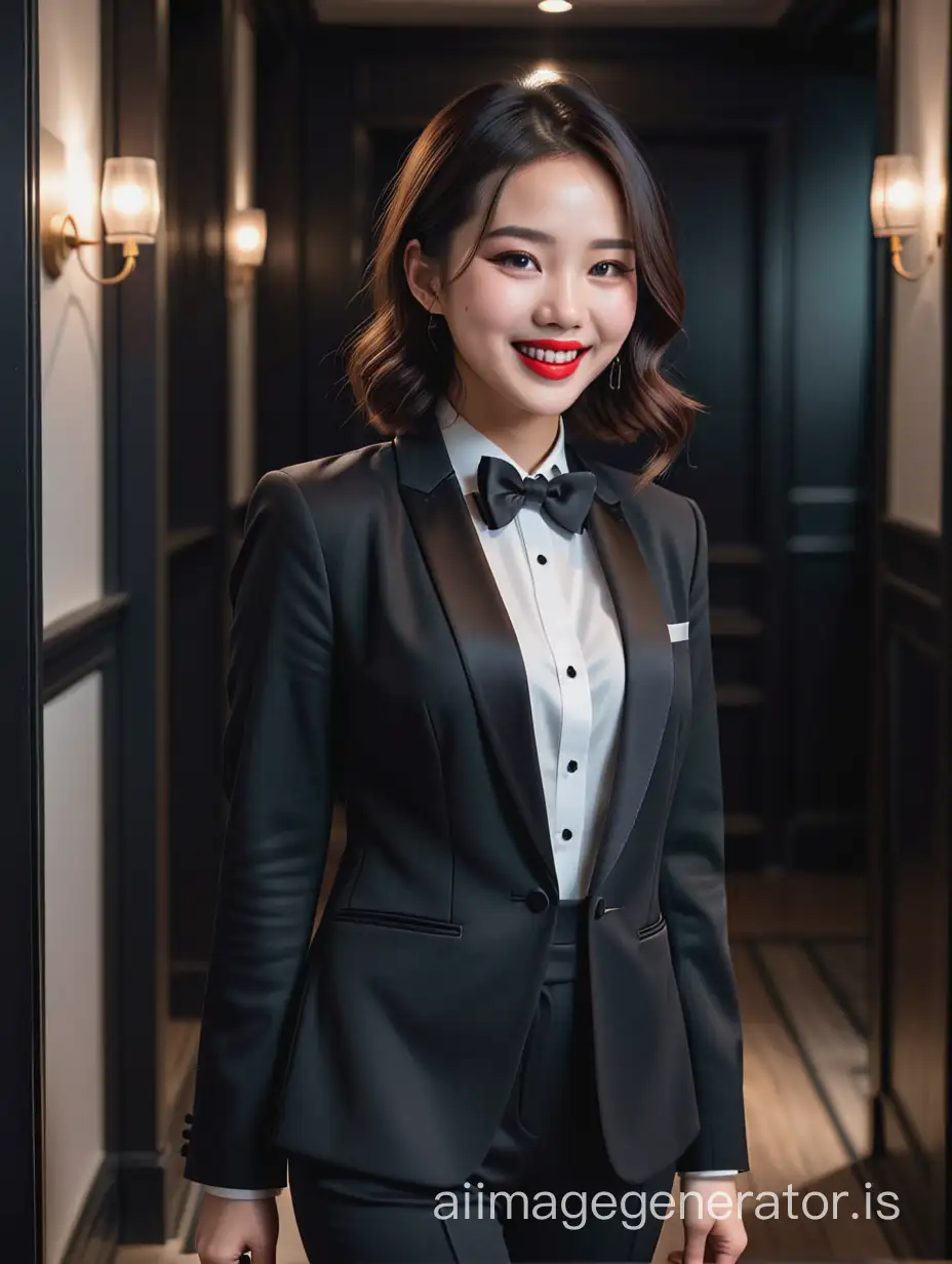 A pretty Chinese woman with shoulder length hair and red lipstick is standing in a dark room.  She is smiling and laughing.  She is wearing a tuxedo with (black pants).  Her jacket is black and open.  Her shirt is white with a black bow tie.