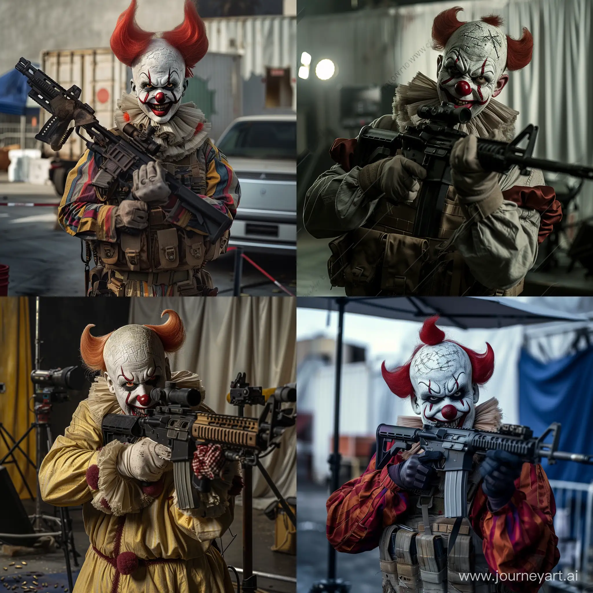 photo-realistic, an evil looking clown holds a rifle on a Hollywood film set