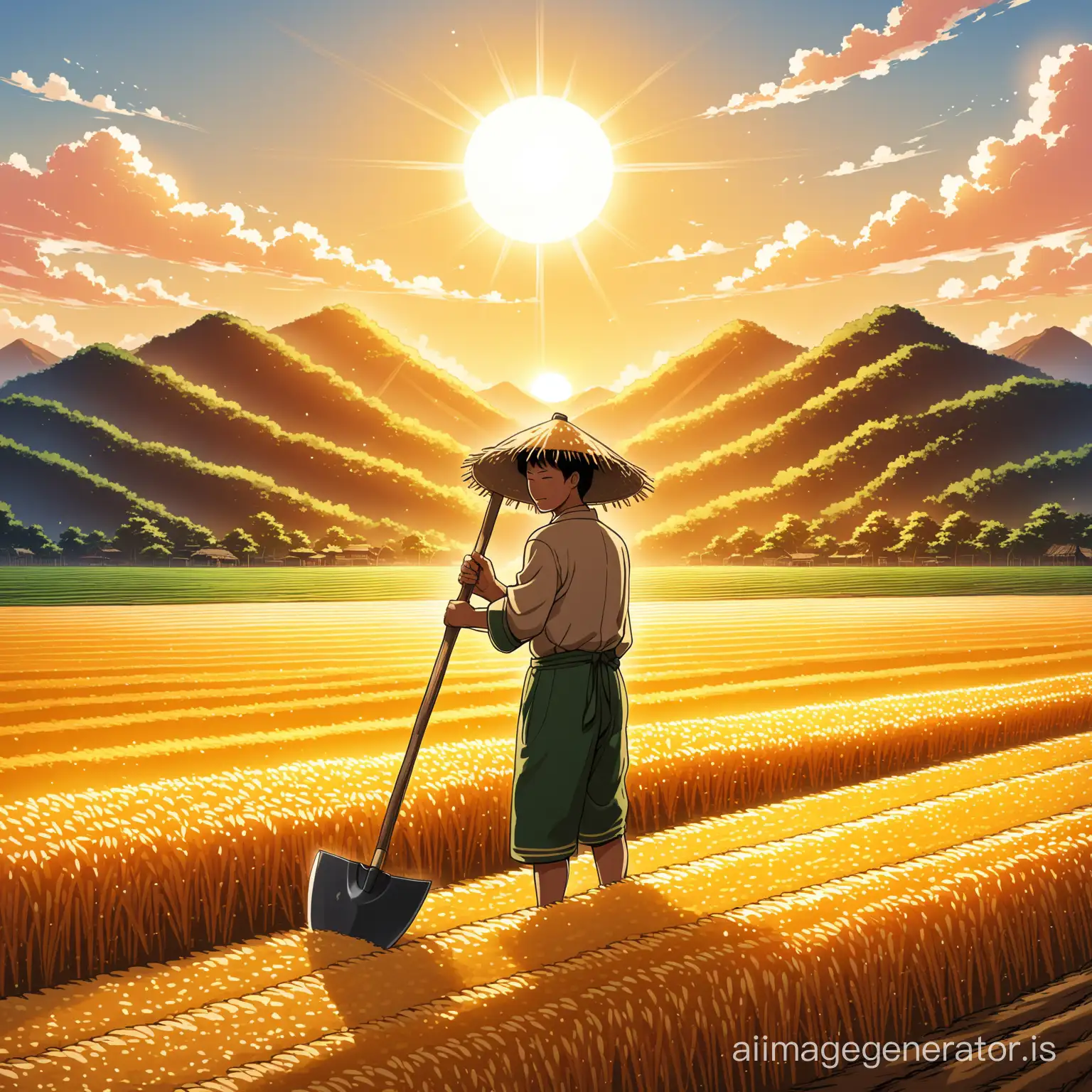 an Asian farmer thats holding a hoe with a shining sun he harvests rice