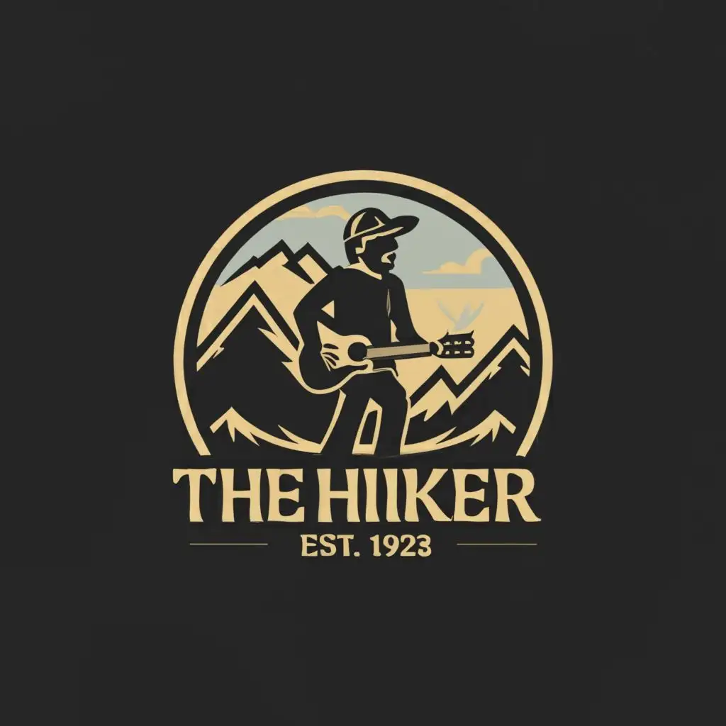 a logo design, with the text "The Hiker", main symbol: Hard Rock music man with a cap hat  and guitar on the back. Mountain backdrop.,Minimalistic,be used in music Entertainment industry,clear background