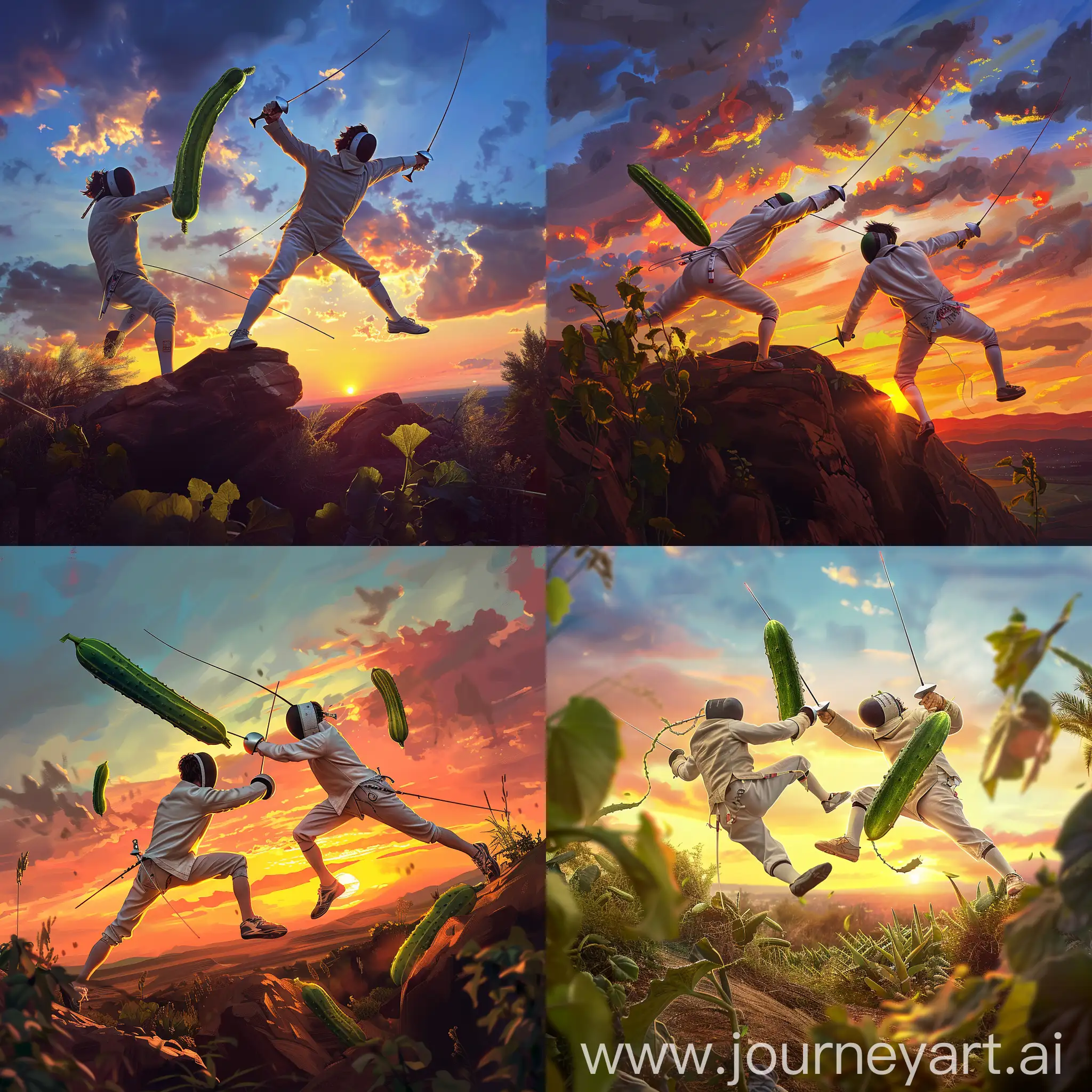 Two fencing men armed with cucumbers dueling in the sunset,  realistic,  vibrant colours
